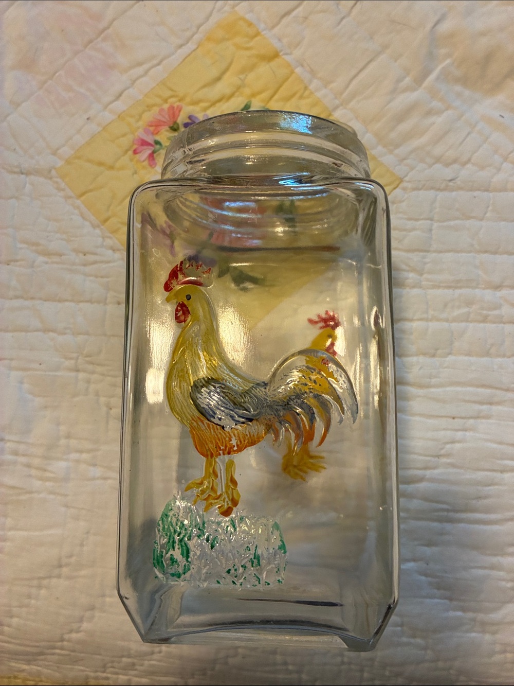Hand-Painted Vintage Rooster Glass Jar - Yellow Accent